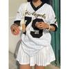 Women Los AngelesLetter Print V-Neck Short Sleeve T-Shirt Summer Graphic Tee Baseball Jerseys Oversized Sport T-Shirt