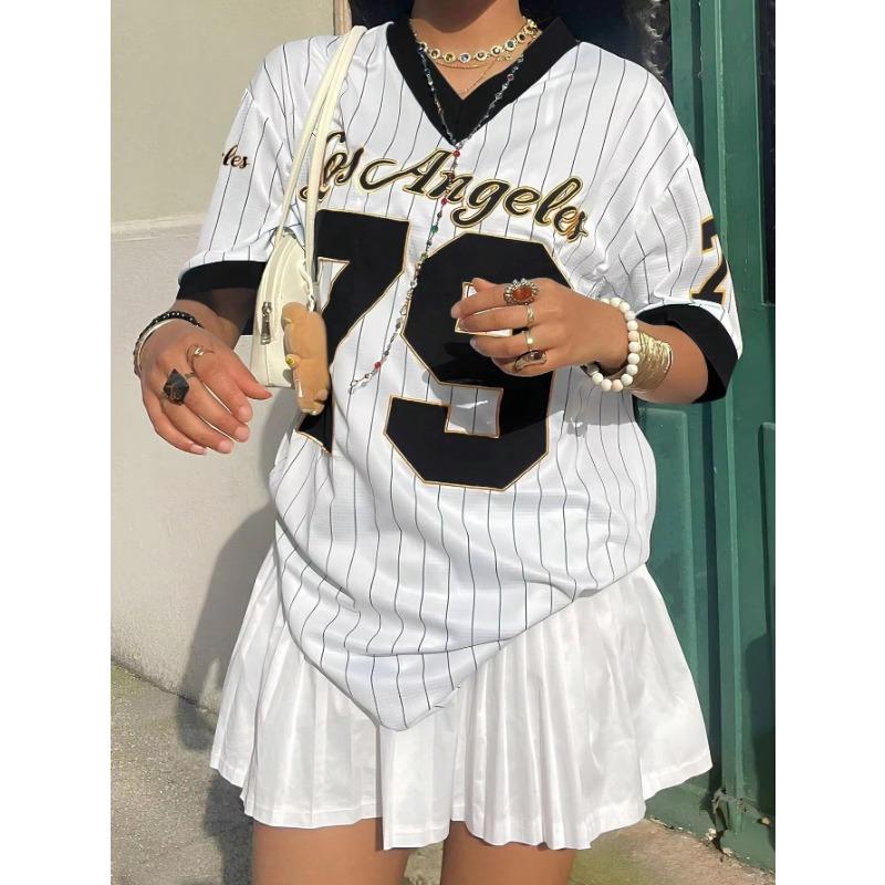 Women Los AngelesLetter Print V-Neck Short Sleeve T-Shirt Summer Graphic Tee Baseball Jerseys Oversized Sport T-Shirt