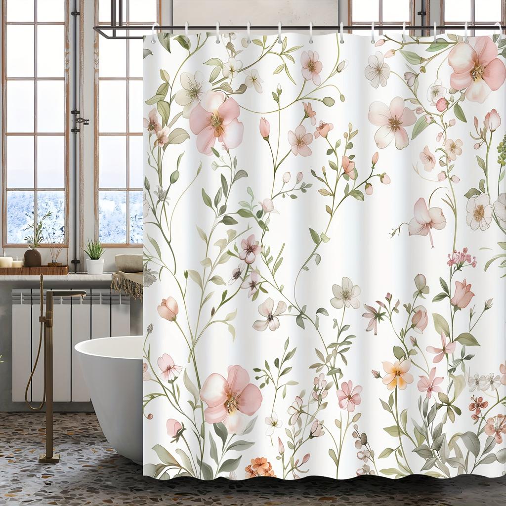 Pink Floral Tropical Shower Curtain - French Country Cottage Style, Waterproof, Hotel & Apartment Bathroom Decor"