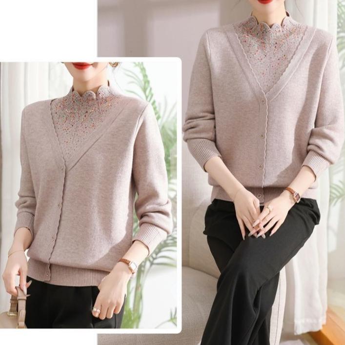 Women's Fleece Sweater Thick Loose Fake Two-Piece Knitted Pullover Sweater Rhinestone Soft Warm Flocked Knit Top Autumn Winter