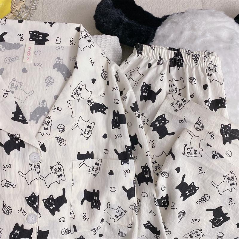 Cartoon Letter Cat Print Women's Pajamas Set New Spring Soft Casual Pajamas Set for Women Korean Cute Home Wear
