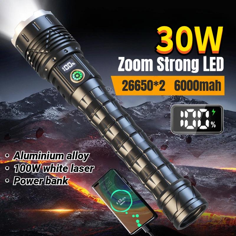 

30 Вт Белый лазерный светодиодный фонарик высокой мощности IPX44 Водонепроницаемый зум-фонарь для кемпинга, рыбалки, фонарь с зарядкой от USB Without battery-30W
