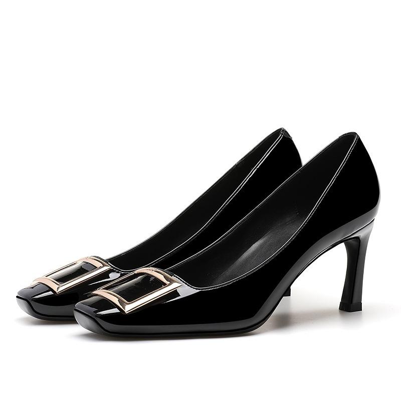 

H-25-1 Square buckle flats patent leather square head shallow mouth bridal temperament commuting new single shoes women 40