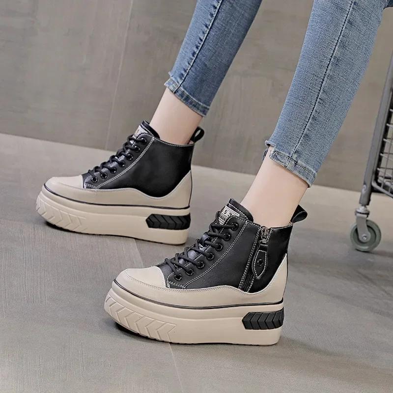 Mode 2025 High Top Damen Schuhe Echtes Leder 8cm Plateau Stiefel Keil Versteckter Absatz Reißverschluss Frühling Herbst Warmes Fell Winterschuhe Sneaker