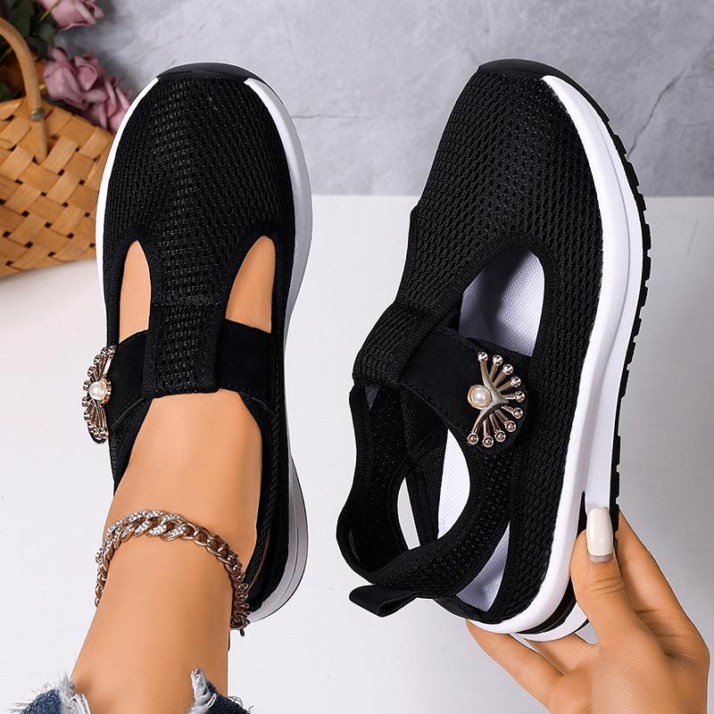 Fashion Jewel Metal Comfort Light Sneakers Women Hollow Out Breathable Mesh Shoes Woman Summer Thick Sole Non Slip Platform Casual Shoes