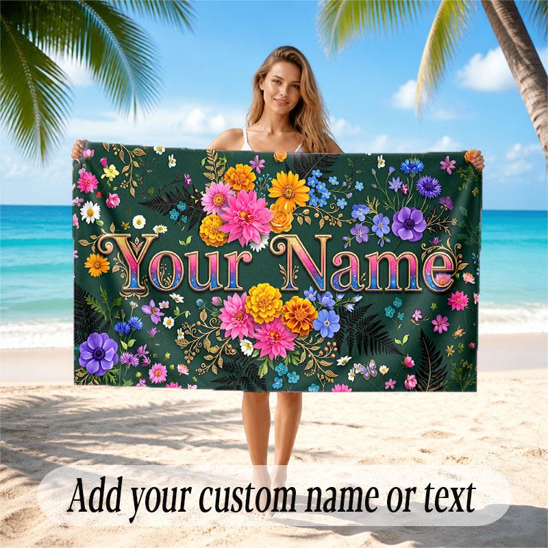 Floral Garden Theme Soft Beach Towel Personalized Custom Name Text Towel Portable for Beach Pool Travel