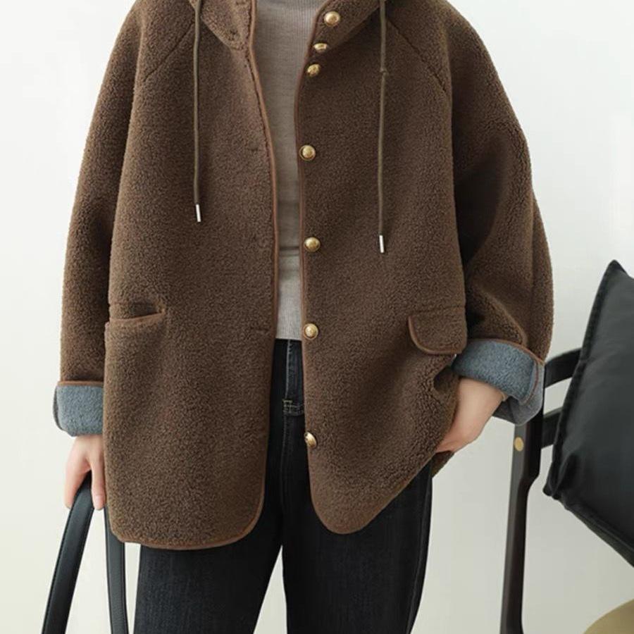 Women's Hooded Lambswool Plush Coat: Versatile Loose Fit, Velvet Lined, Thick and Warm for Autumn/Winter.