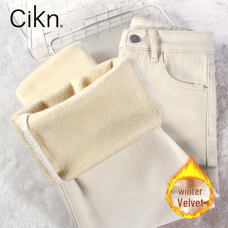 

Women s Beige High-Waisted Straight-Leg Denim Pants with Warm White Fleece Lining 28