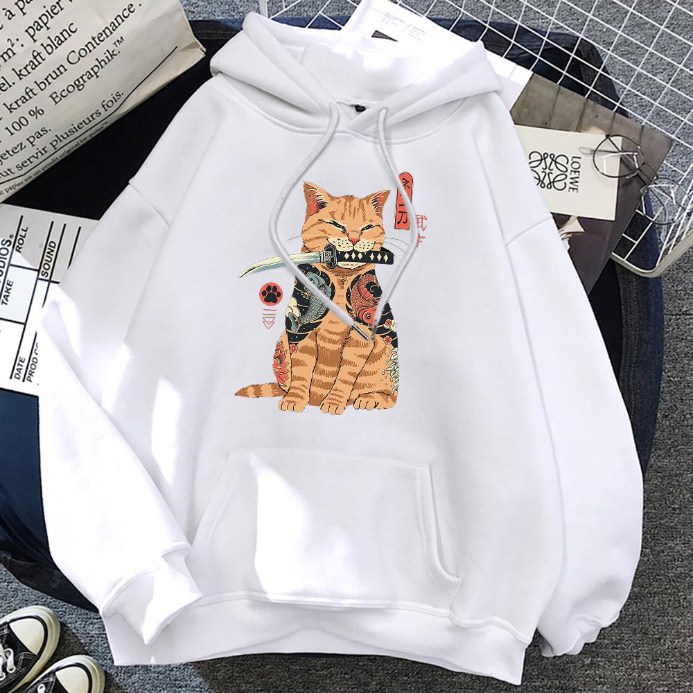 Japanese Cartoons Cat Ukiyo E Print Women Hoodie Hip Hop Fleece Pullovers Creativity Crewneck Clothing Fleece Loose Womens Hoody