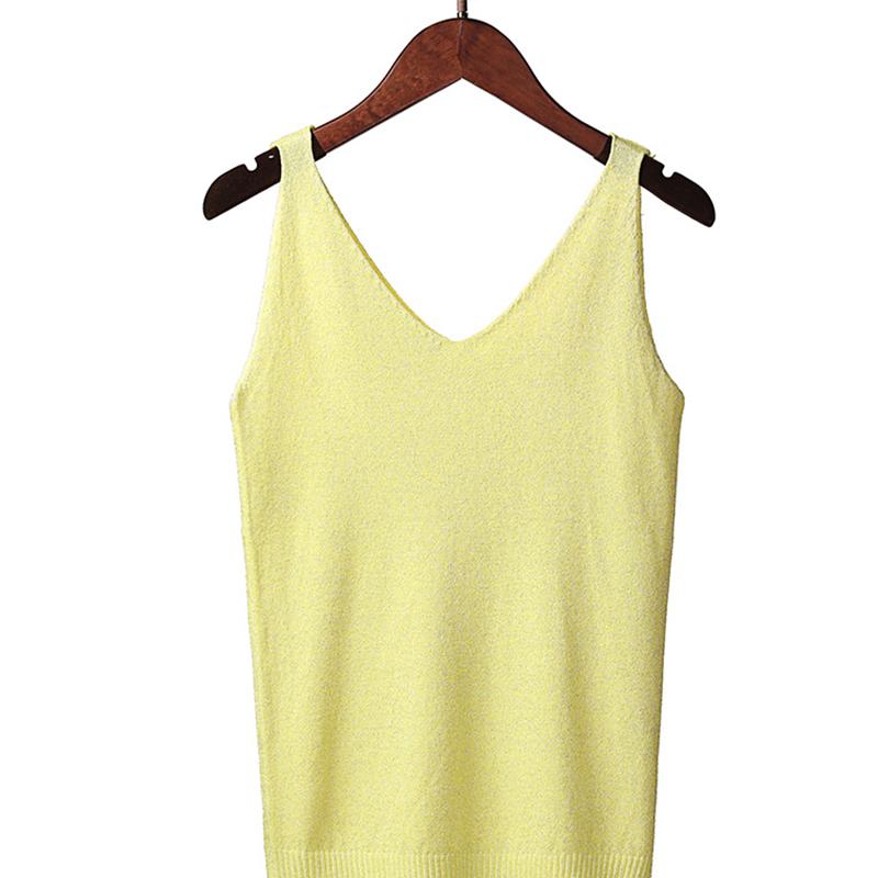 Women Summer Sexy Slim V-Neck Bright Silk Knitted Sleeveless Vest Top T-Shirt Basic Trend