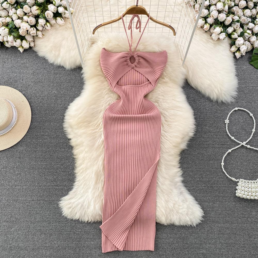Summer Women's Dress Celebrity Temperament Hanging Neck Hollowed Tight Slim Backless Sleeveless Medium-length Split Package Hip Knit Bottom Dress