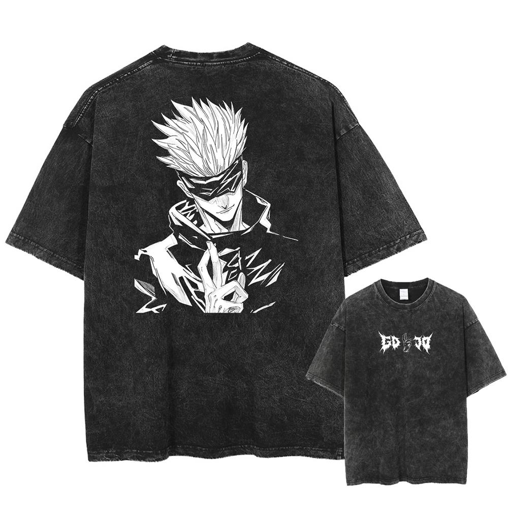 Japan Anime Jujutsu Kaisen Gojo Satoru Print Washed Tshirt Men High Quality Cotton T-shirts Manga Casual T Shirt Harajuku Tops
