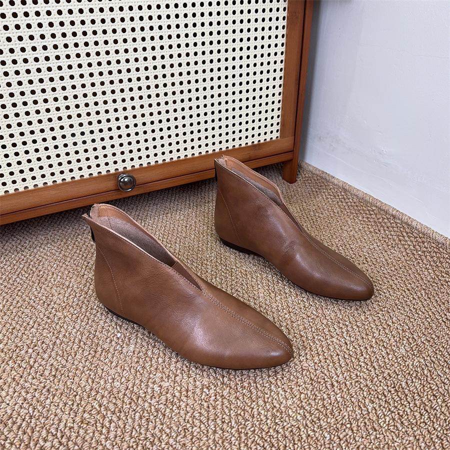 Johnature Retro Pointed Toe Cowhide Short Boots Versatile Genuine Leather Soft Soled Women's Shoes