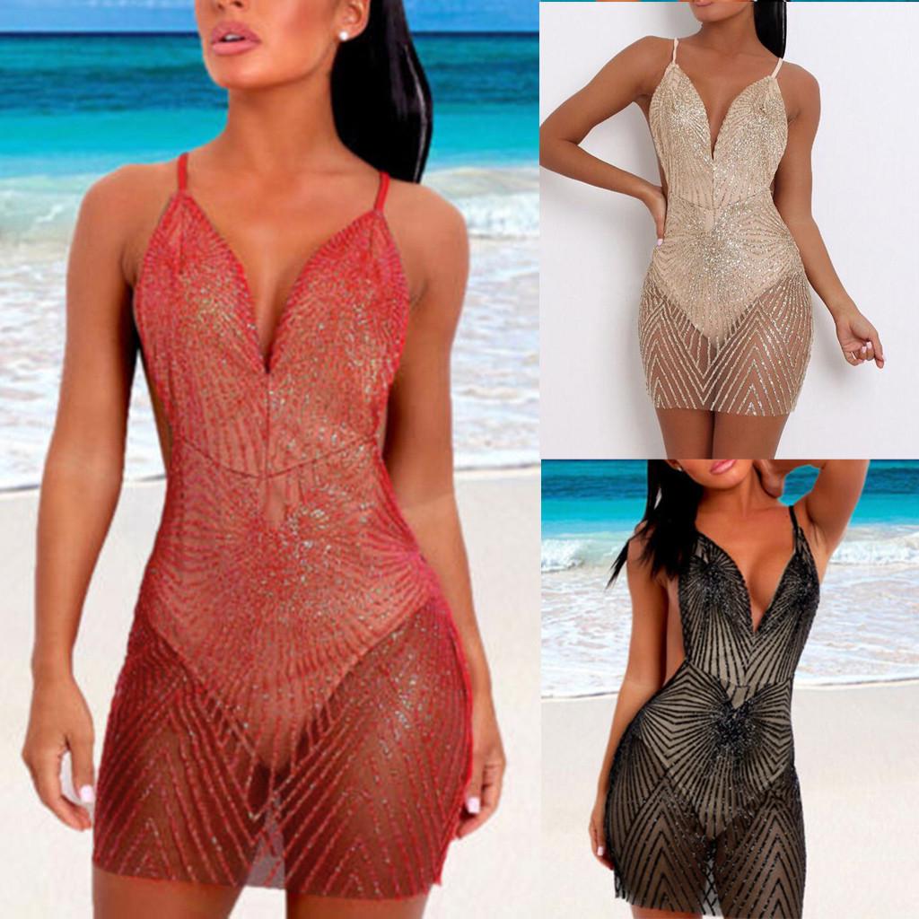 Women Summer Sequins Mesh Bikini Cover 