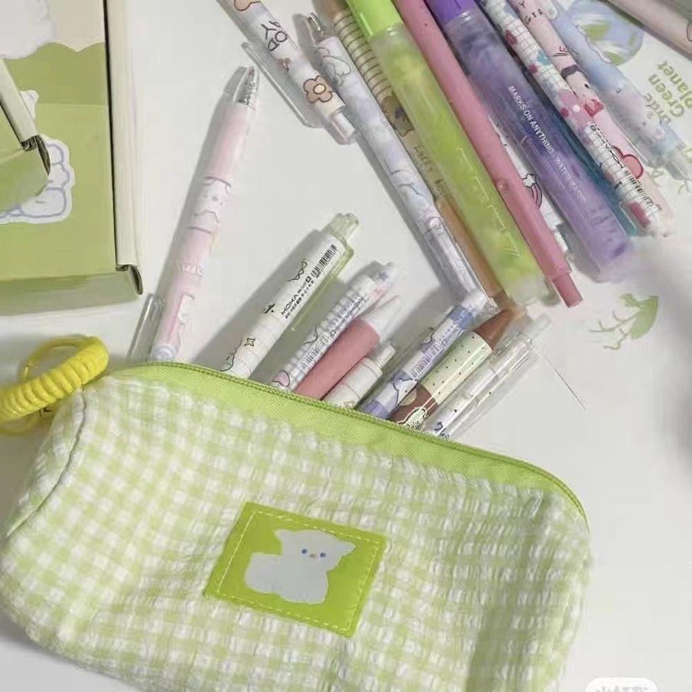 Large Capacity Grid Pencil Case Blue/Green Pencil Pouch Small Fresh Stationery Organizer Student