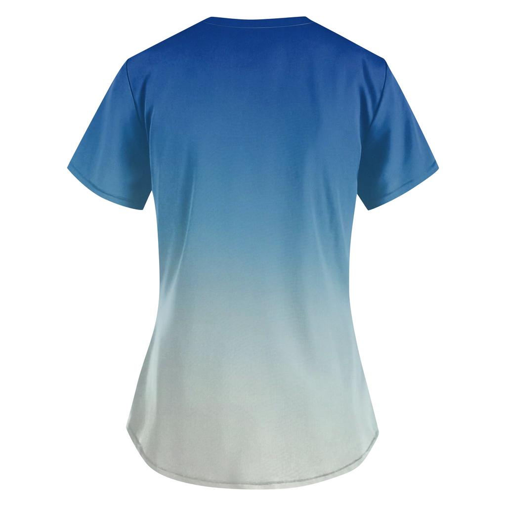 ÜbergrößeBedruckte Kasack Arbeitsuniform Oberteile für Damen V-Ausschnitt mit Überkreuzung Print Kurzarm Lustige T-Shirts Arbeitskleidung T-Shirt mit Taschen