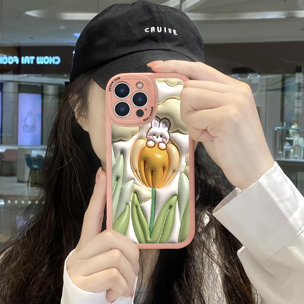 Slim Skin Feeling Cartoon Flower Rabbit Soft Silicone PU Leather Cover Phone Case for iPhone Samsung Huawei Honor Xiaomi Redmi OPPO Realme Vivo