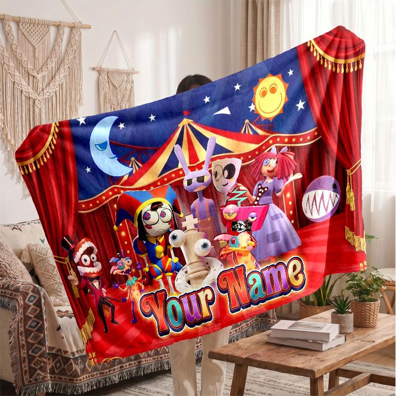 The Amazing Digital Circus Personalized Flannel Blanket, Custom Printed Text Name, Warm Soft Blanket For Couch Bed