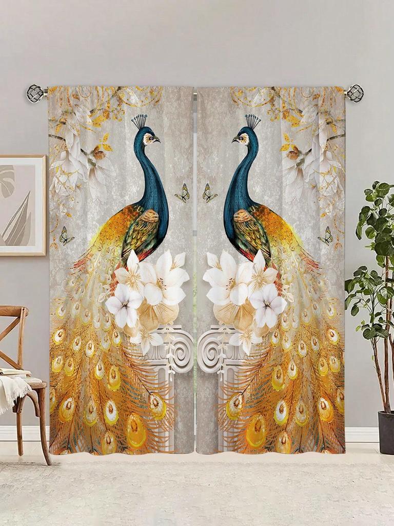 2pcs Vintage Blue Golden Peacock Animal Print Window Curtains,Refer To Bedroom Office Kitchen Living Room Study Home Decor