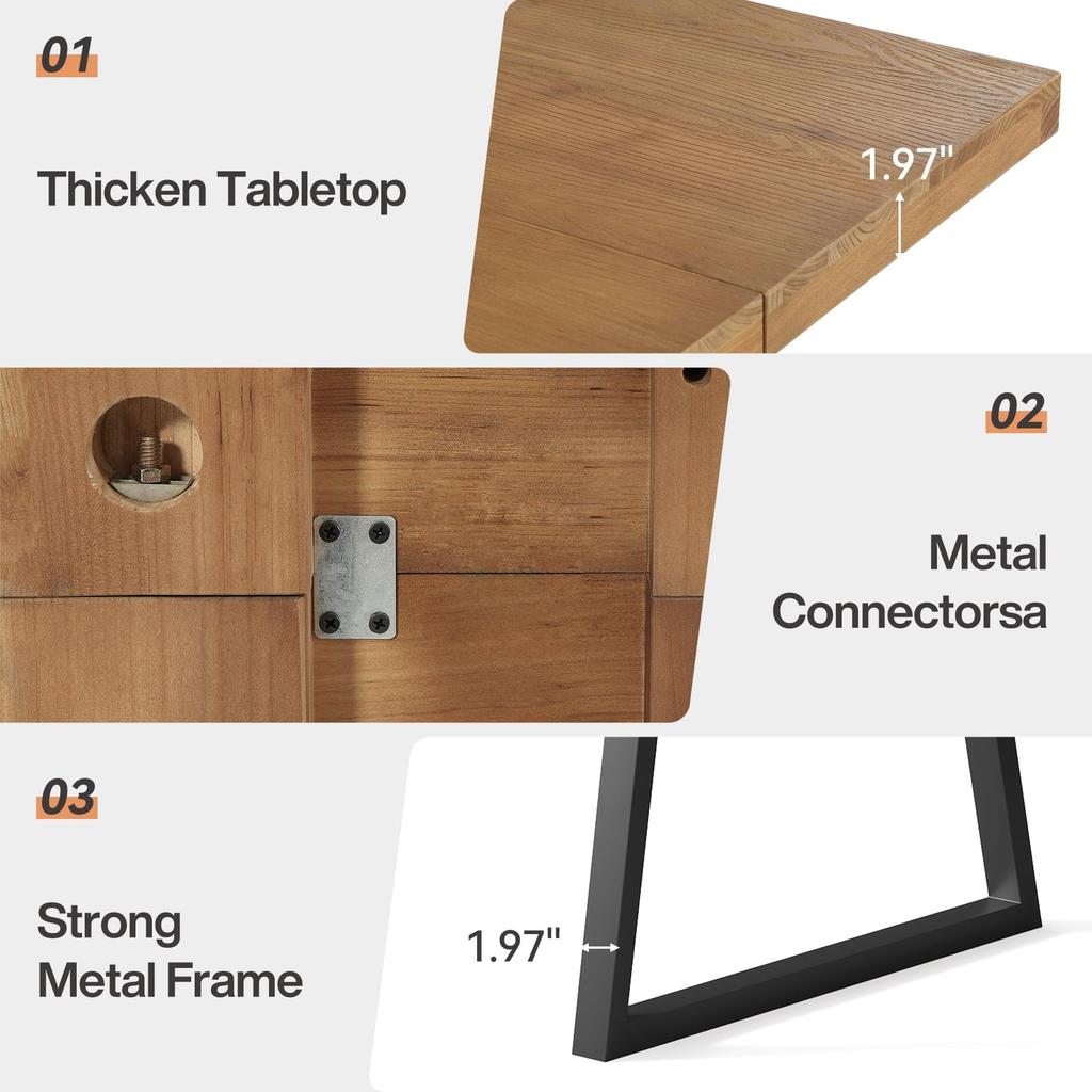 Industrial Dining Table for 4-6 People, 160cm Rectangular Solid Wood Kitchen Table with Sturdy Metal Legs, Ideal for Dining Room