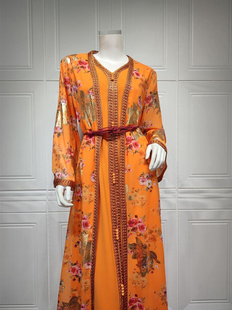 AB238 Women's Middle Eastern Two-Piece Chiffon Dress with Gold Stamping