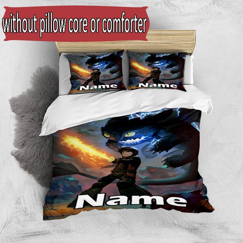 3pcs Duvet Cover Set (1*Duvet Cover + 2*Pillowcase, Without Core), Custom Name How to Train Your Dragon Pattern Bedding Set, Home Bedroom Decor Gift
