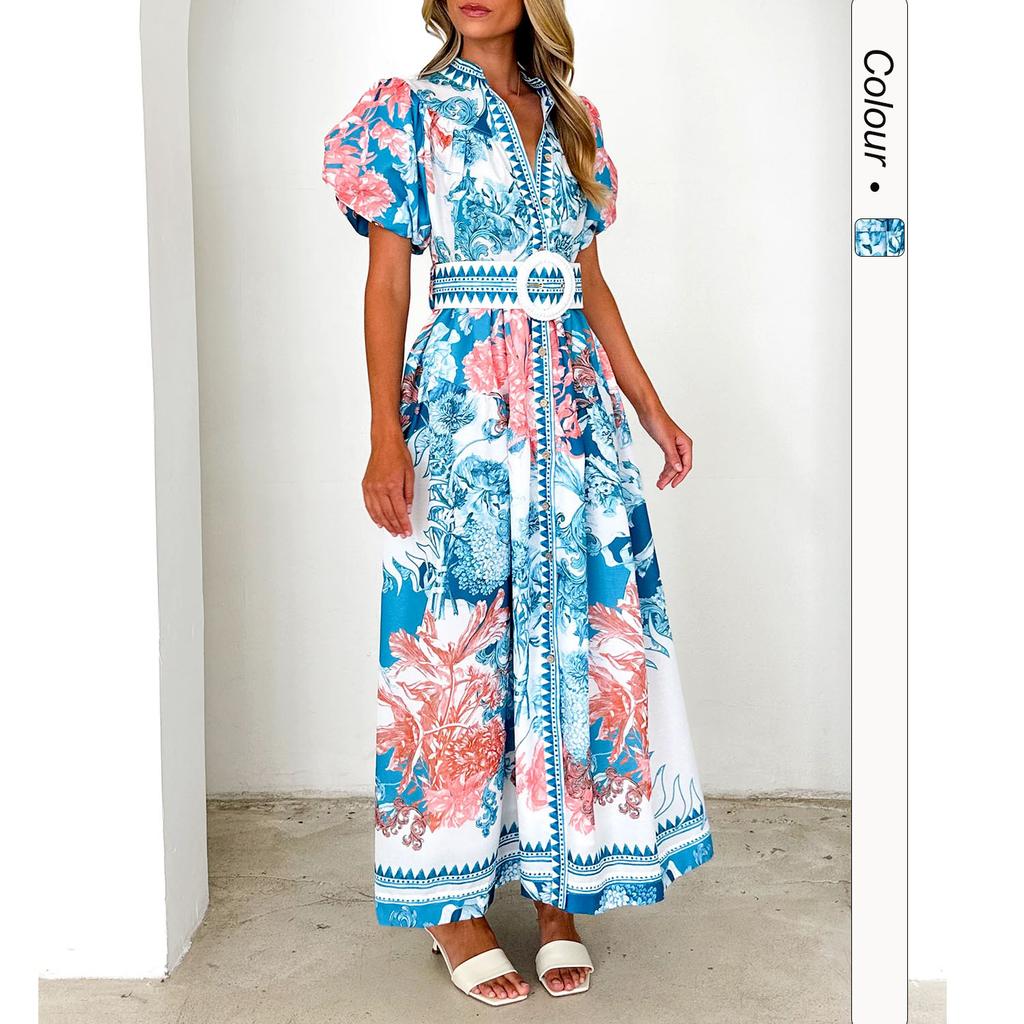 A New Summer Fashion and Casual Long Dress with Tied Prints