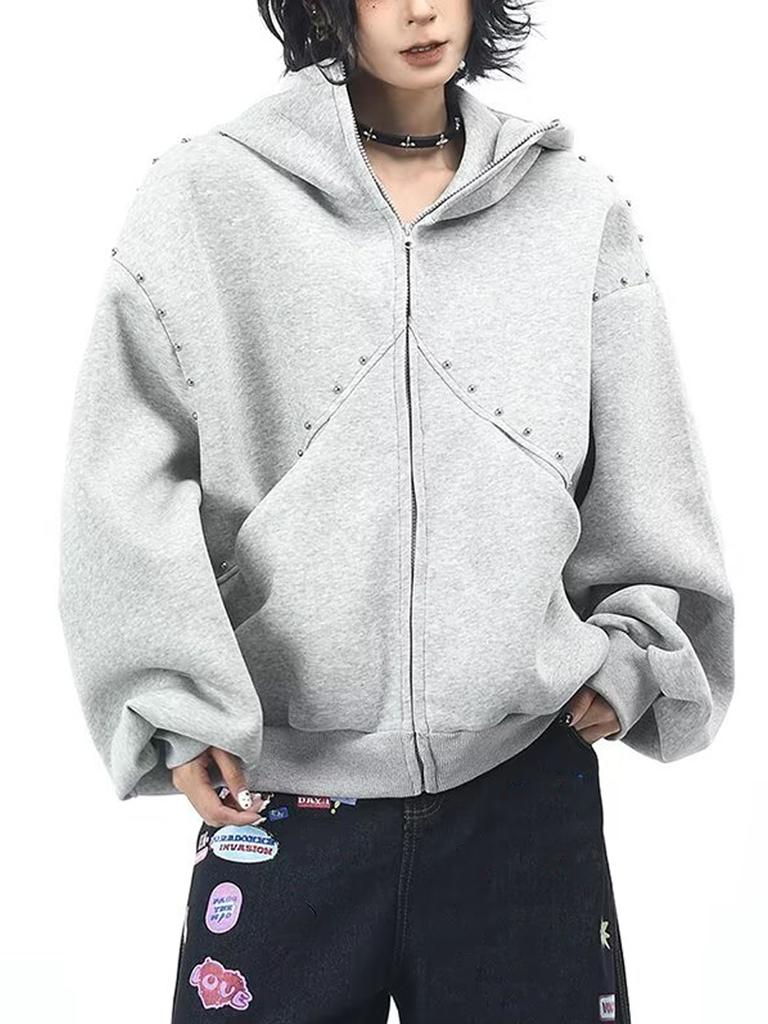 Damen Baggy Kapuzenpullover Niet-Spleißmantel Reißverschluss Strickjacke Jacke Harajuku Kleidung Herbst Winter