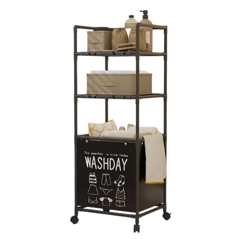 Sturdy Metal Frame Laundry Hamper Rolling Wheels Foldable Designs Removable Shelves for Home Organization Daily Use