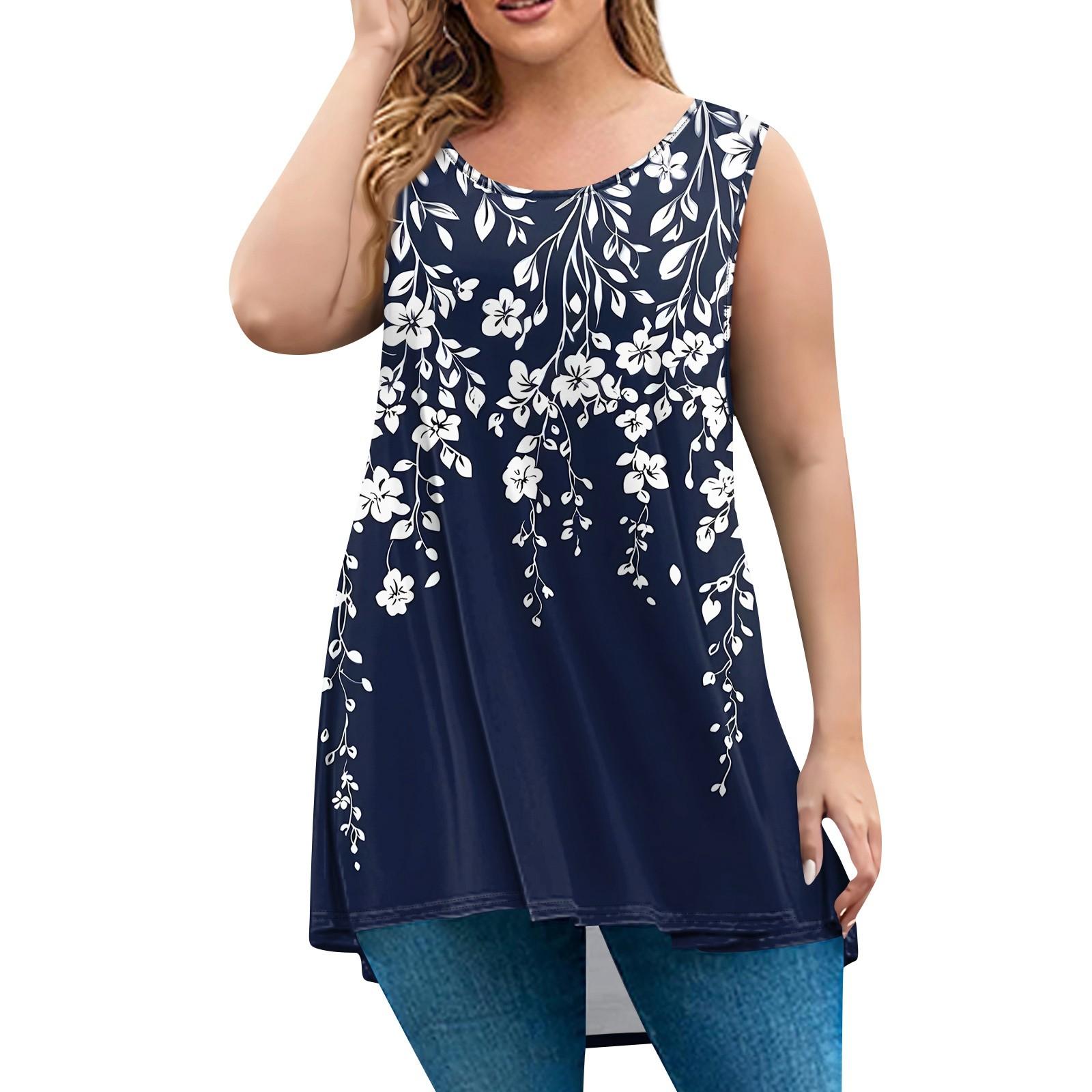 

Жіночий модний вільний пуловер великого розміру без рукавів з принтом XXL Темно-синій