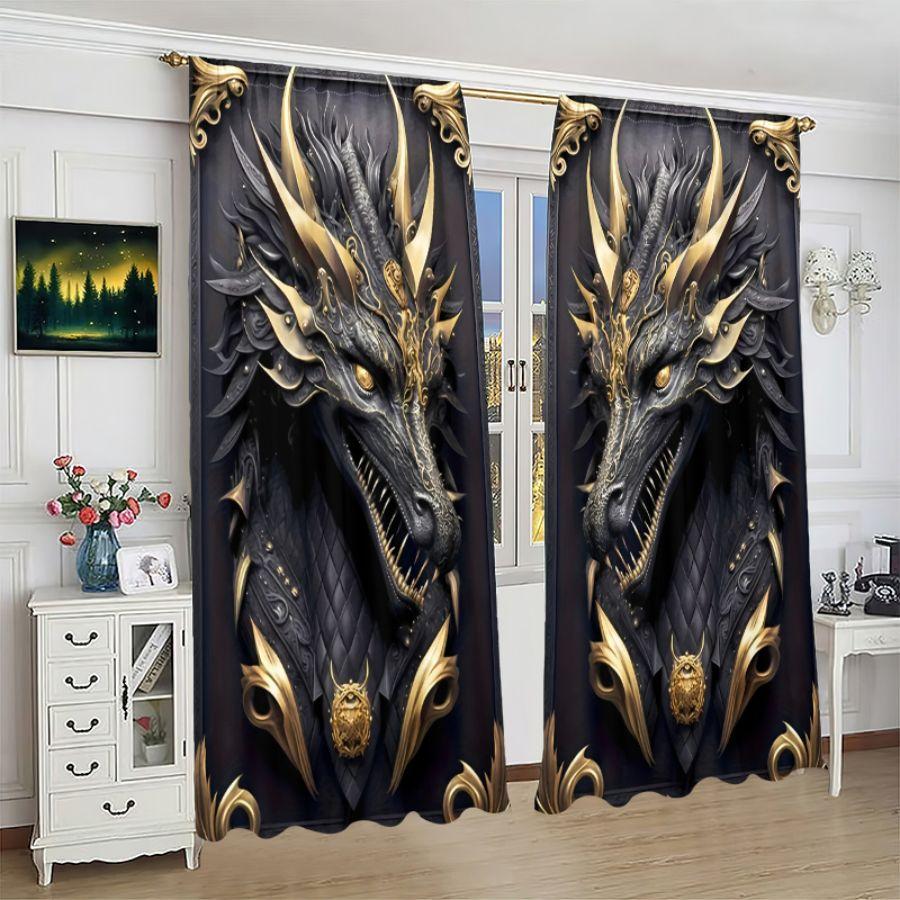 Schwarze und goldene dreidimensionale majestätische Drachenmuster-Totem-Druckvorhänge, geeignet für Heimdekoration
