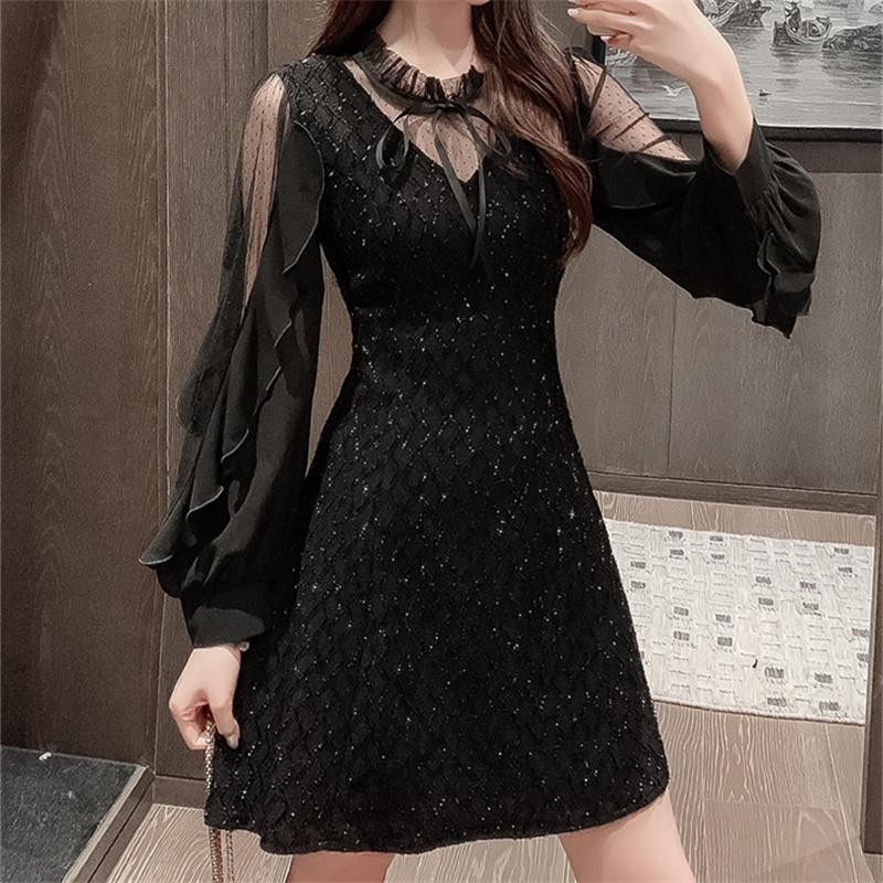 Long Sleeve Dresses Women Black Lace Patchwork Casual Office Ladies Elegant Slim Party Spring Vestidoes Chic Mid-Calf Vintage