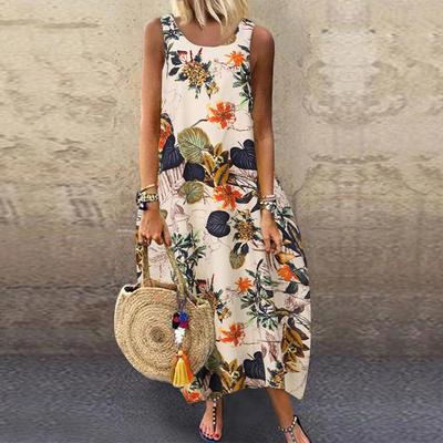 Women's Sleeveless Dress Summer Vacation Style Beach Print Dress O Collar Long Skirt