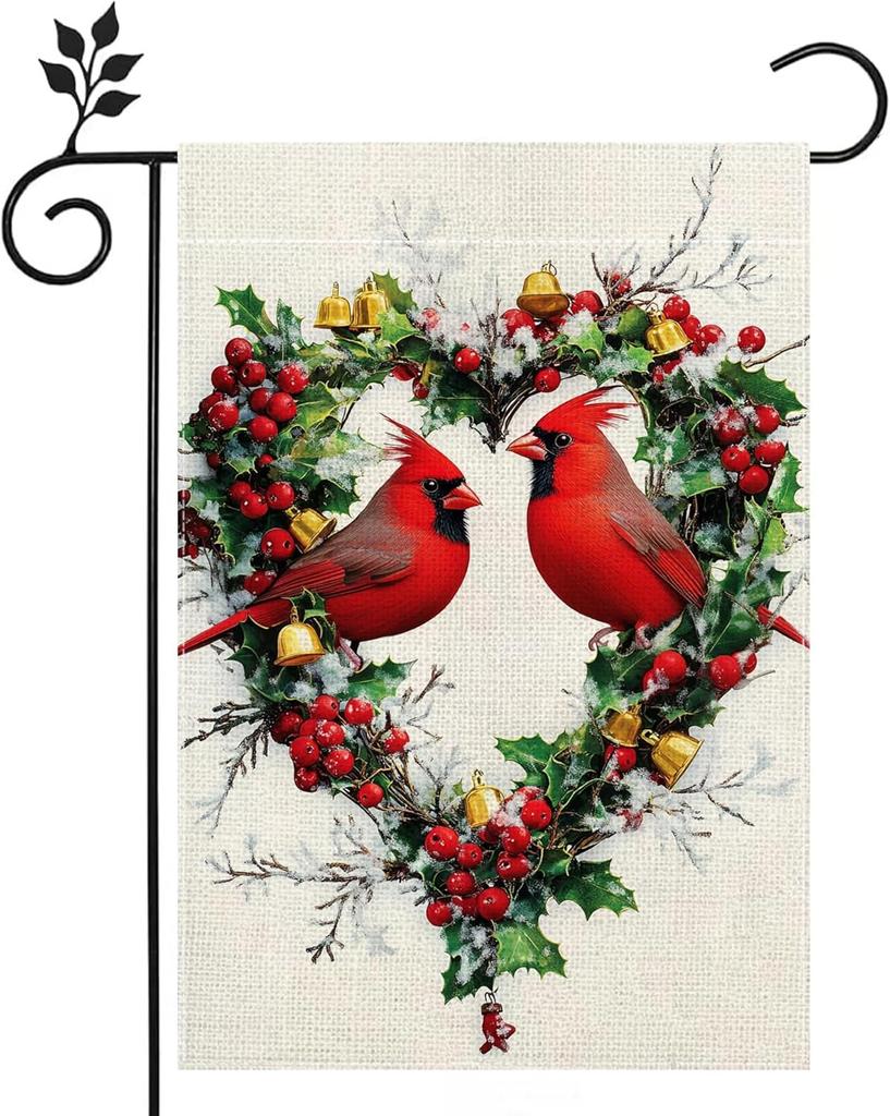 Winter Cardinal Bird Garden Ag for Outside Red Birds Love Hearts Welcome Yard Ag 12x18 Inch Double Sided Burlap Christma