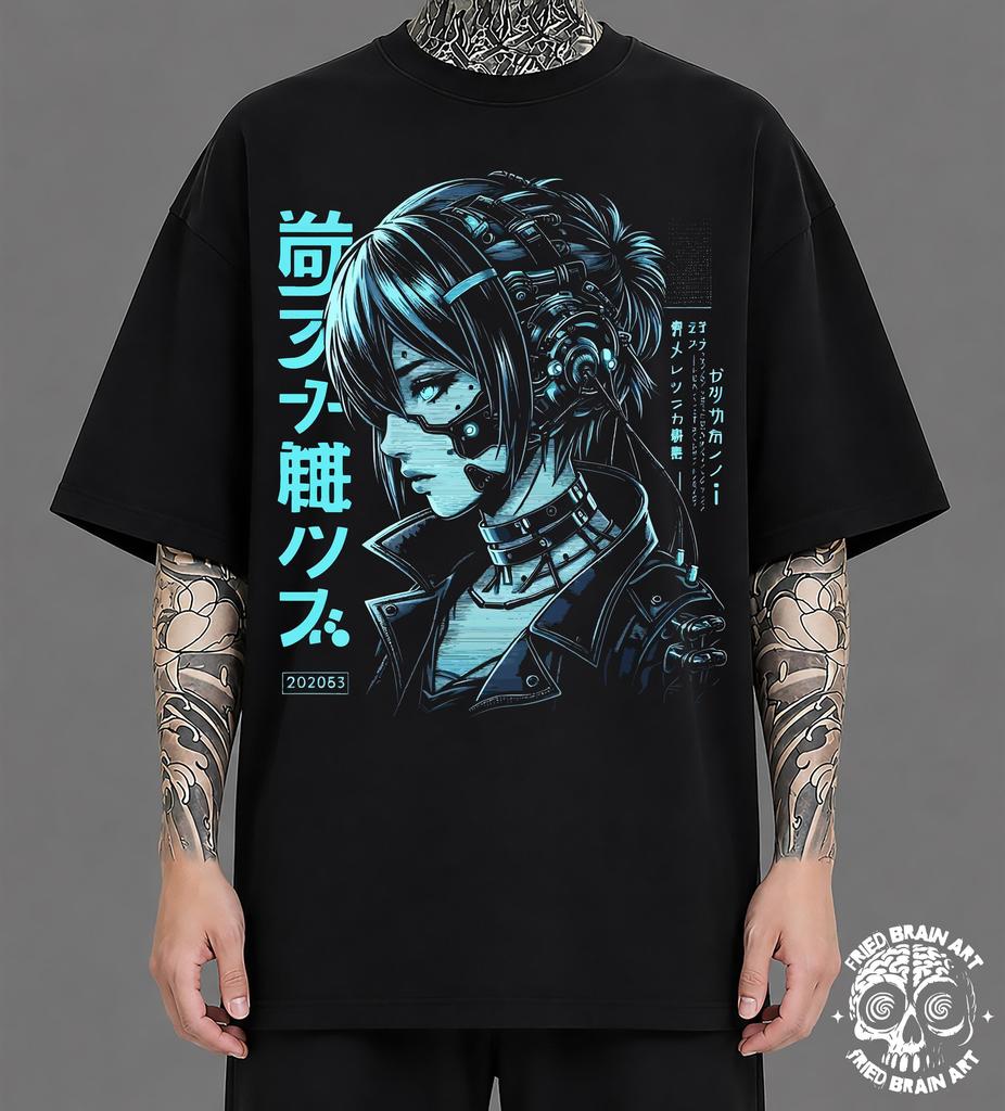 Cyberpunk Anime Girl T-Shirt, Japanese Techwear Tee, Futuristic Sci-Fi Graphic Shirt, Cyber Neon Streetwear, Otaku Apparel Gift