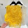 Women's Summer Yellow Lace Trim Floral Embroidered Sleeveless Top