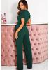 2024 Sommer Damen Eleganter Jumpsuit mit Bindegürtel und V-Ausschnitt, Kurzarm, Weiter Bein