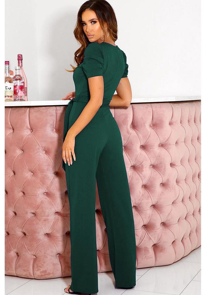 2024 Sommer Damen Eleganter Jumpsuit mit Bindegürtel und V-Ausschnitt, Kurzarm, Weiter Bein