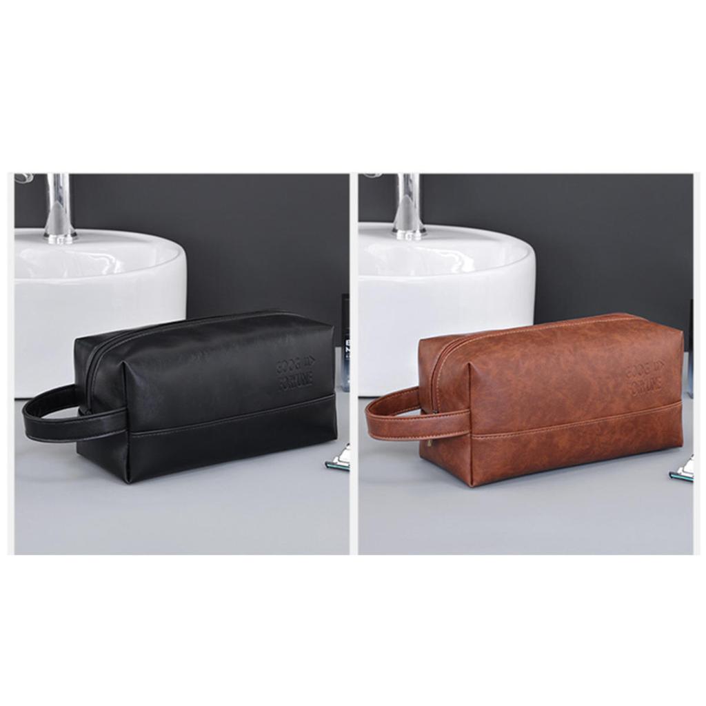 Men Leather Travel Business Shaving Cosmetic Bag Portable Toiletry Bag Large Capacity Organizer Handheld Toiletry Kits