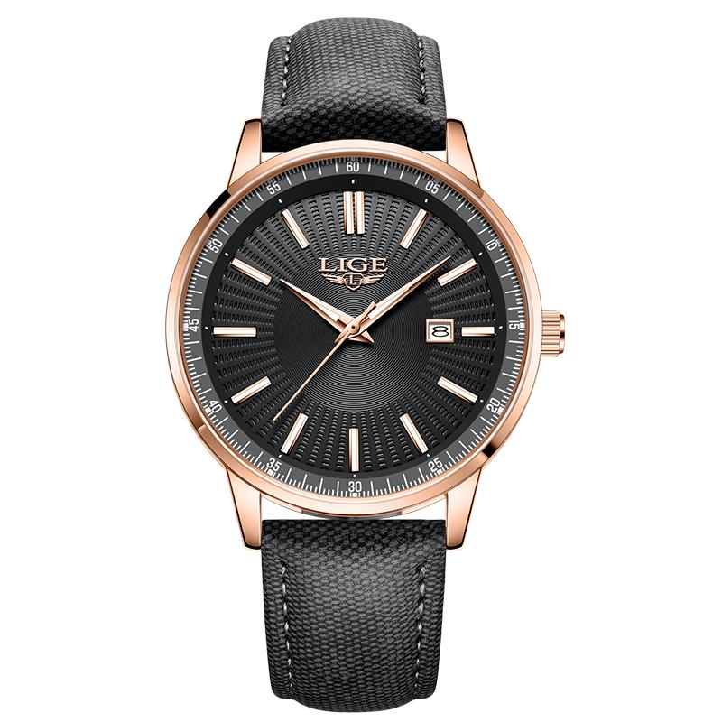 LIGE Men Business Quartz Watch Leather Strap Calendar Waterproof Minimalist Wristwatch