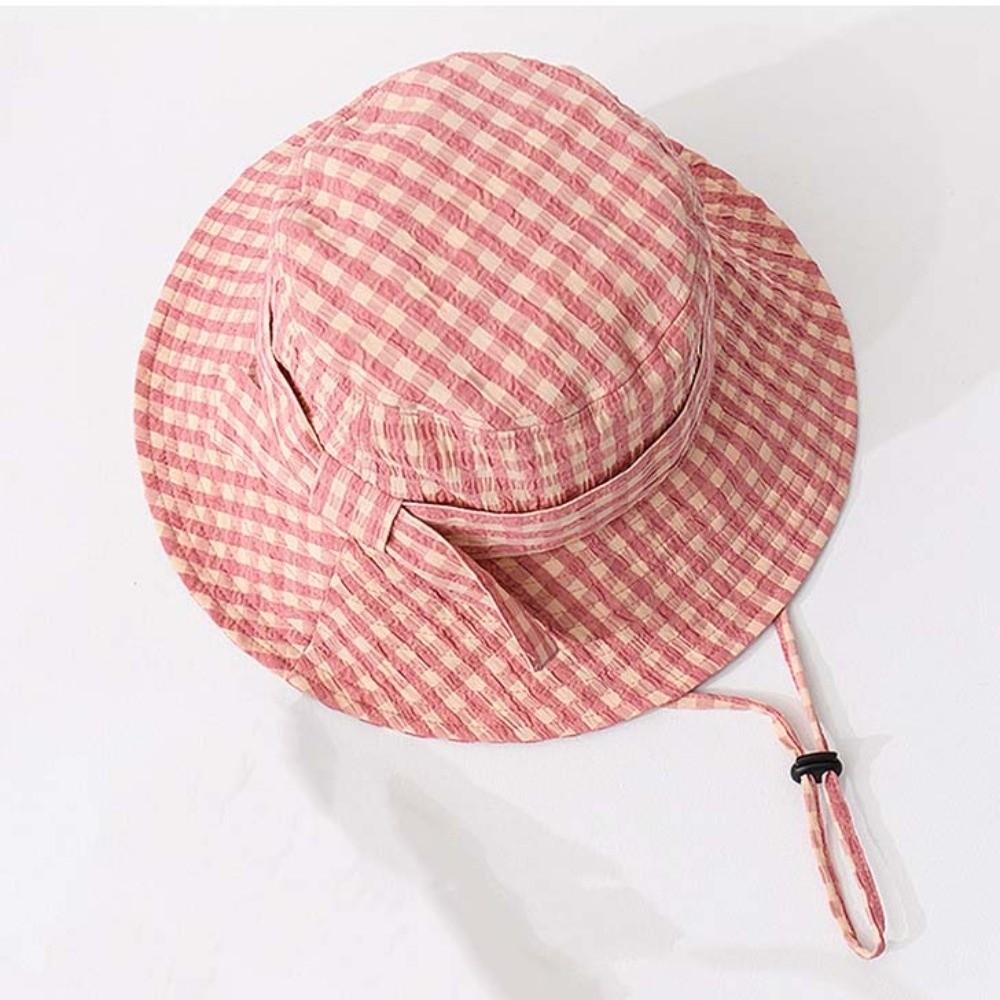 Korean Style Fine Plaid Fisherman Hat Bow Wide Brimmed Sunscreen Basin Cap with Windproof Rope Polyester Folding Sun Cap Summer