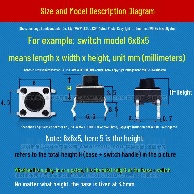 6x6mm Taktiler Druckknopf: Mikro Vertikalschalter mit 2-Pin-Option (Höhen: 4.3/5/7/9mm)
