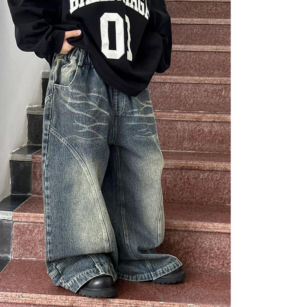 Jeans Larghi a Banana Americani per Ragazza Adolescente High Fashion Usurati per Bambino Pantaloni di Denim di Lusso Jeans Lavati Sporchi per Bambini