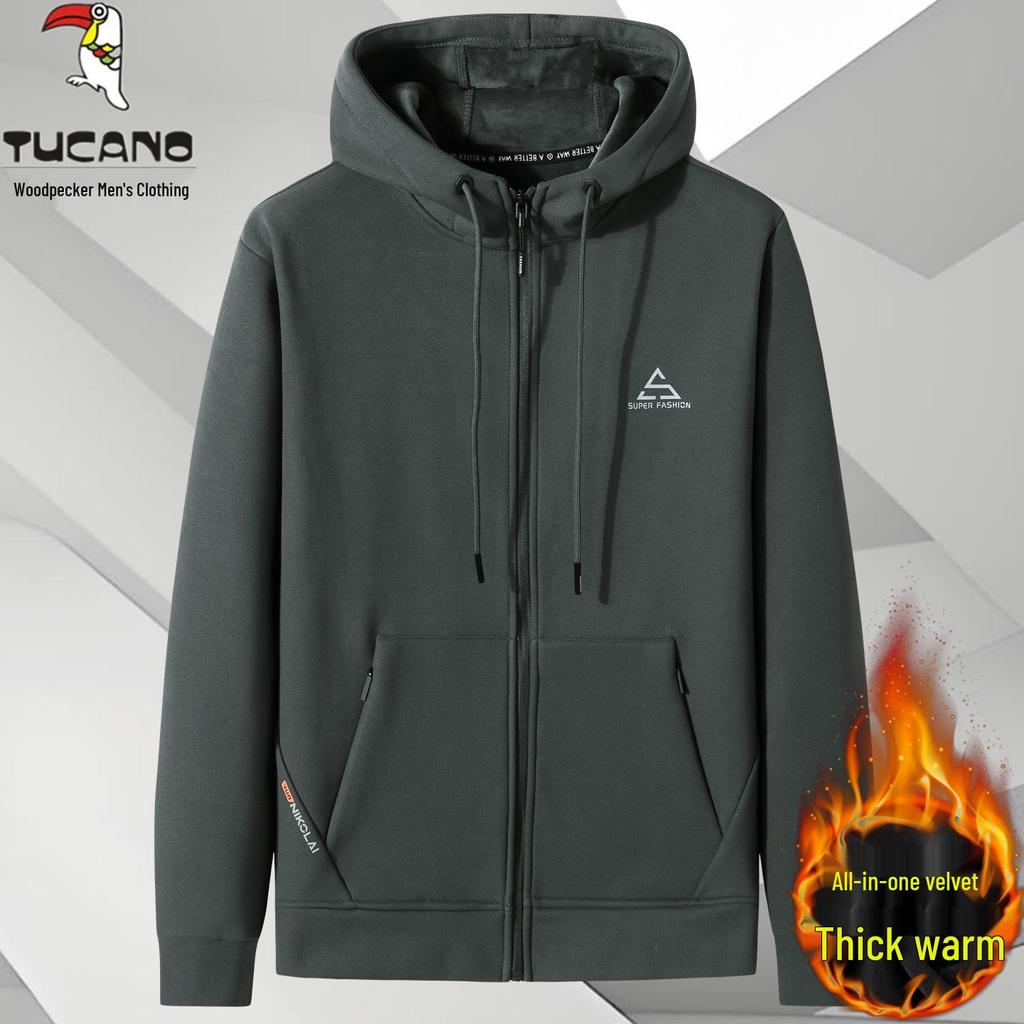 Men's Woodpecker Plus Red Knit Velvet Hoodie Jacket - Plus Size, Thin Fleece, Autumn/Winter Sports Cardigan