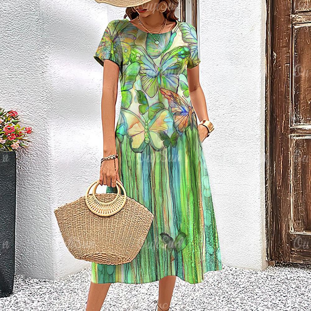 2024 Nové dámské šaty Elegantní květinové potisky Letní prázdninové midi šaty Dámské šaty s krátkým rukávem Módní nadměrné oblečení