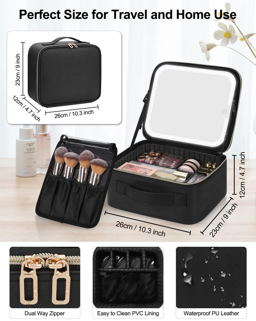 Professional LED Mirror Makeup Case Portable Cosmetic Bag with Adjustable Dividers