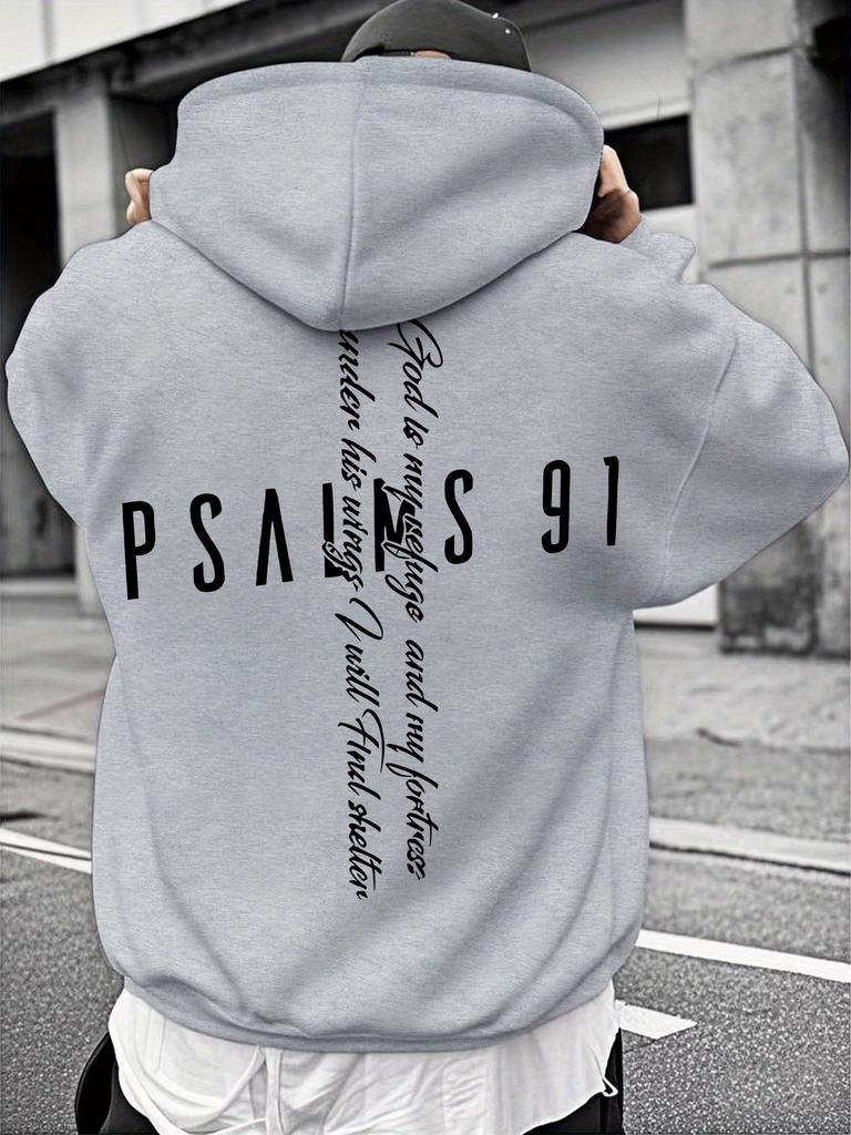 Urban Outdoor Men Hip Hop Sports Pullover Psalms 91 Vertical Cursive Text Back Design Comfort Loose Hooded Top
