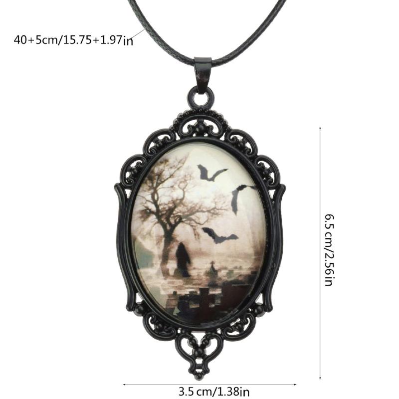 Fashion Gothic Style Necklace Vintage Bat Cemetery Glass Pendant Necklace Halloween Party Jewelry Clavicle Chain
