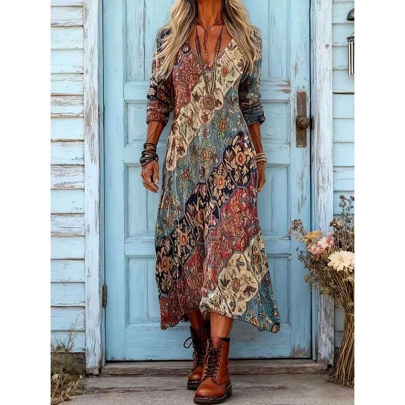 Creative Tie-dye Printing Women's New V-neck Long-sleeved Dress Medium and Long Dress