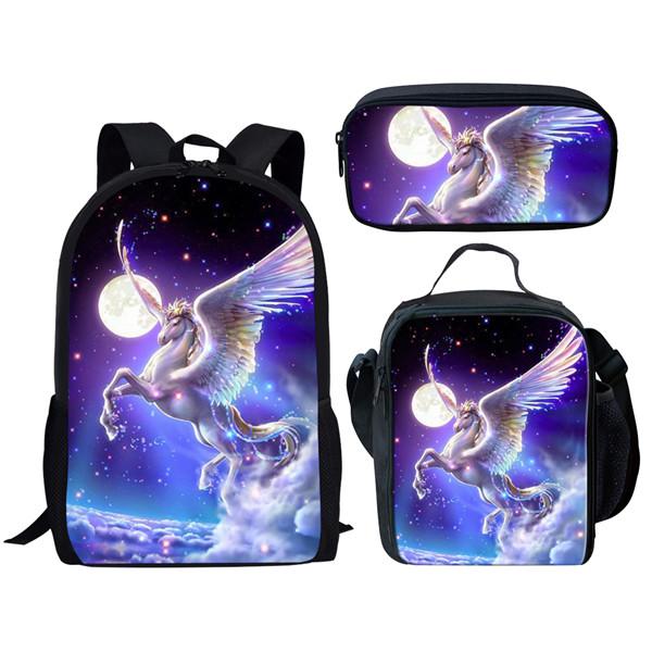 Klassiek Nieuwigheid Harajuku Coole Kat Dier paard 3D Print 3 stuks/Set leerling Schooltassen Laptop Dagrugzak Rugzak Lunchtas Etui